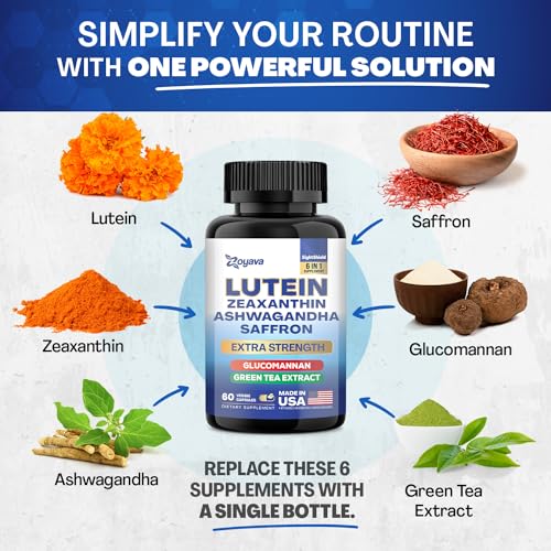 Lutein and Zeaxanthin Supplements 8000 MG Eye Vitamins with Saffron for Eye Health Supplements for Adults, Infused with Glucomannan, Ashwagandha, and Green Tea Extract Vision and Eyes Support