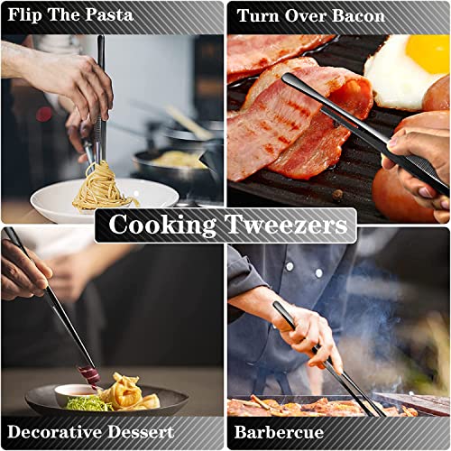 JETKONG 2 Pcs 10-Inch Cooking Tweezers Stainless Steel, Straight Food Tweezers, Professional Kitchen Tweezers/Forceps for Cooking Repairing and BBQ (10-Inch, Silver)