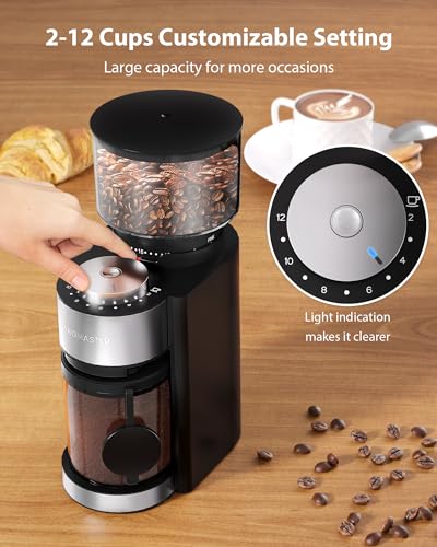 Aromaster Burr Coffee Grinder, Coffee Bean Grinder with 25 Grind Setting, Espresso Grinder with 51-53mm Portafilter Holder, 2-12 Cups Timer, Conical Coffee Grinders for Home Use/Pour Over/French Press