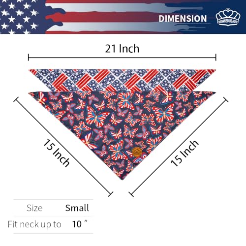 CROWNED BEAUTY 4th of July Patriotic Dog Bandanas Reversible Small 2 Pack, Butterfly Stars Set, Plaid Adjustable Triangle Holiday Scarves for Dogs Pets Boy Girl Pets DB121-S