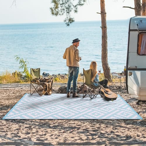 GENIMO Outdoor Rug 4x6 Waterproof, Reversible Mats, Outdoor Area Rug, Plastic Outside Carpet, Eeometric Rv Mat for Patio Camping Rv Picnic Backyard Deck Balcony Porch Beach (Navy Blue & White)