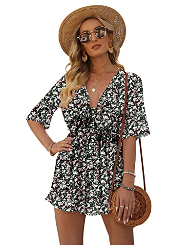 AIMCOO Women's Half Sleeve Tie Knot Front Romper Floral Print Deep V Neck Sexy Jumpsuit High Elastic Waist Ruffle Hem Rompers