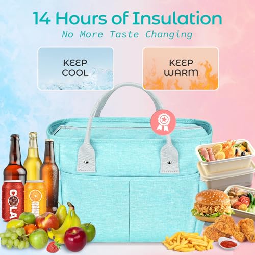 KIPBELIF Cute & Roomy Lunch Box for Women – Adults Large Insulated Lunch Bag with Shoulder Strap, Multi-Pockets, and Water Bottle Holder for Work, Picnic, and Outdoors (Extra Large Size, Aqua Green)