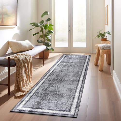 Rugshop Contemporary Distressed Bordered Soft Runner Rug 2'x7' Gray