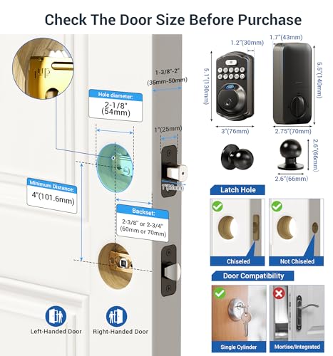 Veise Fingerprint Door Lock with 2 Door Knobs - Keyless Entry Door Lock with Handle, Electronic Keypad Deadbolt, Smart Front Door Lock Set, Auto Lock, Waterproof, Easy Installation, Matte Black