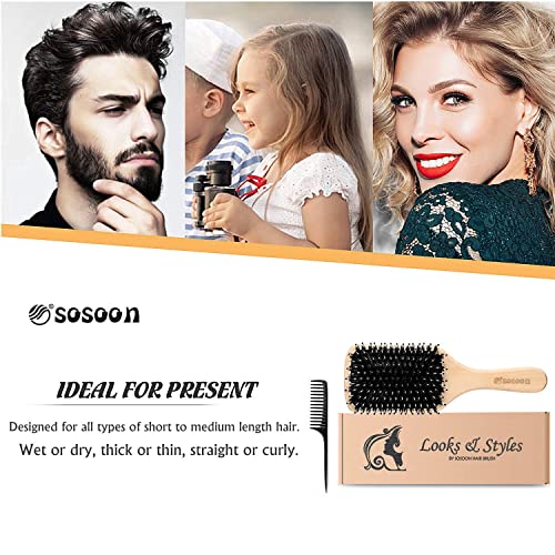 Hair Brush, Sosoon Boar Bristle Paddle Hairbrush for Long Short Thick Thin Curly Straight Wavy Dry Hair for Men Women Kids, No More Tangle, Giftbox & Tail Comb Included