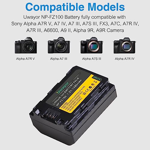 Uwayor NP-FZ100 Battery Charger Set for Sony Alpha A7R V, A7 IV, A7 III, A7S III, FX3, A7C, A7R IV, A7R III, A6600, A9 II, Alpha 9R, A9R Camera