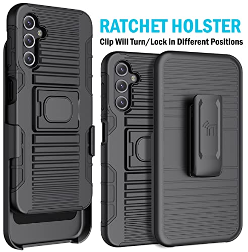 Case with Clip for Galaxy A14 5G (2023), Nakedcellphone Rugged Ring Grip Cover with Stand and [Belt Hip Holster] for Samsung SM-A146 - Black