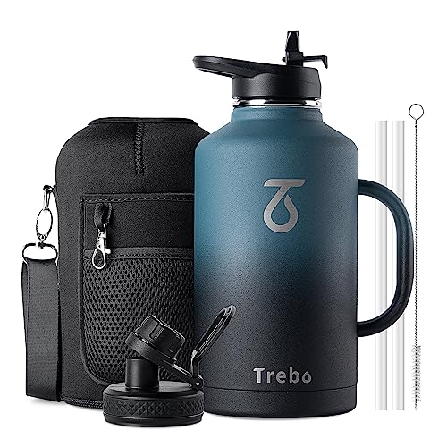 Trebo 64 oz Water Bottle Insulated with Handle, Half Gallon Stainless Steel Metal Large Jug, Travel Flask with Straw Spout Lid, Mug Tumbler Cup with Carry Pouch, Keep Cold Hot, Indigo Black