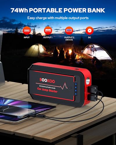 Jump Starter 3000A, BOOKOO Car Battery Jumper Starter Portable, 12V Jump Start Battery Pack up to 7.2L Gas or 8.0L Diesel Engine Jump Starter with Power Bank/QC3.0/Dual Output/LED Light