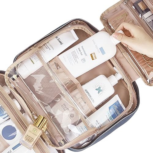 NISHEL Travel Toiletry Bag for women, Portable Hanging Organizer for Full-Sized Shampoo, Conditioner, Brushes Set, Makeup Accessories, Large Size, Aegean-Blue