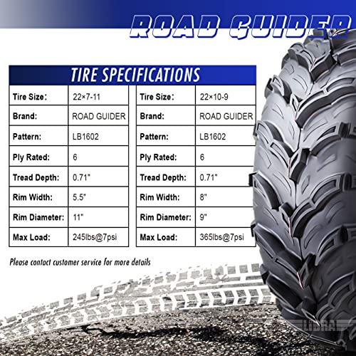 ROADGUIDER Set 4 ATV/UTV Tires 22x7-11 Front & 22x10-9 Rear /6PR 20mm Deep Tread compatible with Honda Recon 250 Suzuki Ozark 250