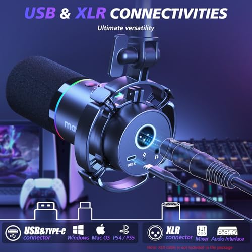 MAONO XLR/USB Dynamic Microphone Kit, RGB Podcast Mic with Software, Mute, Gain Knob, Volume Control, Boom Arm for Streaming, Gaming, Voice-Over, Recording-PD200XS Black