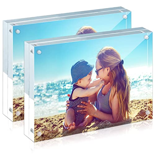 HELPLEX Acrylic Frame, 2 Pack 6x8 Acrylic Picture Frames, 24mm Thicker Frameless Clear Frame Double Sided Magnetic Frame, Free Standing Desktop Display Stand Acrylic Frames