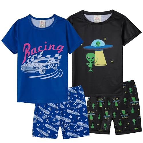 MyFav Pajamas for Boys Cute Cartoon Short Sleeve Sleepwear Snug-Fit 2 Pieces Summer PJs Sets,Navy Blue Dinosaur, 5Y