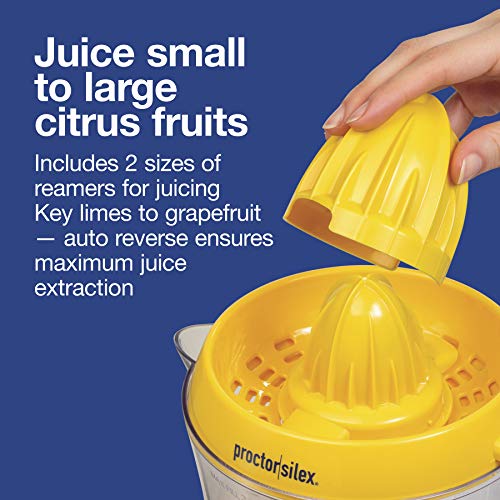Proctor Silex Alex's Lemonade Stand Electric Citrus Juicer Machine and Squeezer, for Lemons, Limes and Oranges, 34 oz, Includes 2 Reamers & Recipe Book, Yellow, Discontinued