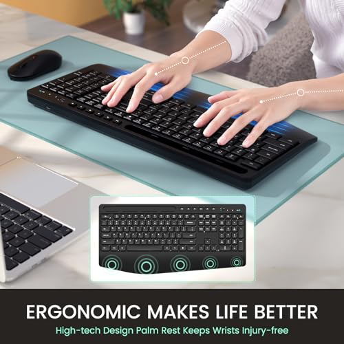 Wireless Keyboard and Mouse Combo,LIZRROT Ergonomic Computer Keyboard with Wrist Rest,2.4GHz Full-Sized Silent Mouse and Keyboard Combo with Phone Holder for Window, PC, Laptop