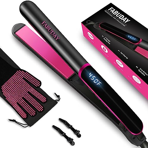 Fabuday Flat Iron Hair Straightener Dual Voltage - Heat Up Quickly, LCD Display & Auto Shut-Off, 12 Adjustable Temp Hot Iron for All Hair Types, 1 Inch Floating Ceramic Plates, Berry