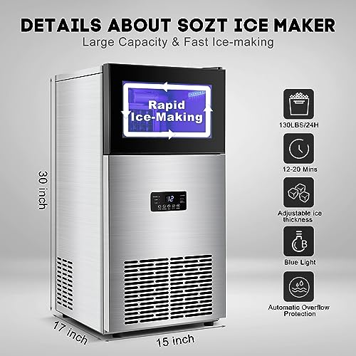 Commercial Ice Maker Machine 130LBS/24H with 35LBS Storage Bin, Stainless Steel Undercounter/Freestanding Ice Cube Maker for Home Bar Outdoor, Automatic Operation, Include Scoop, Connection Hose