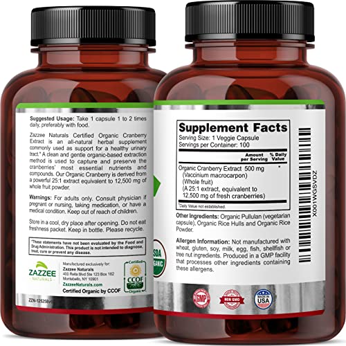 Zazzee USDA Organic Cranberry 25:1 Extract, 12,500 mg Strength, 100 Vegan Capsules, Over 3 Month Supply, Standardized, Concentrated 25X Extract, 100% Vegetarian, Certified Organic, Non-GMO All-Natural