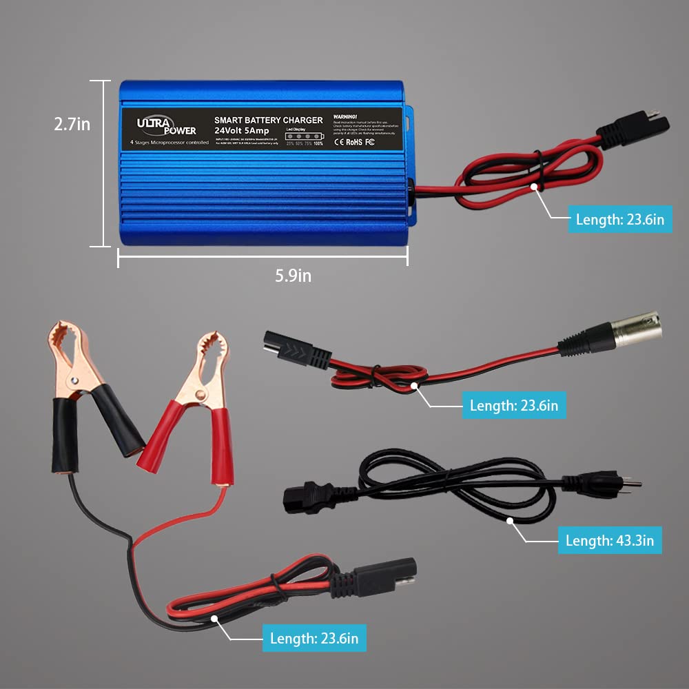 ULTRAPOWER 24 Volt Battery Charger Automatic Smart Charger 5-Amp Trickle Battery Charger Maintainer desulfator for Car Truck Marine Boat Truck Wheelchair with I/O Switch,3-Pin XLR Alligator Connector