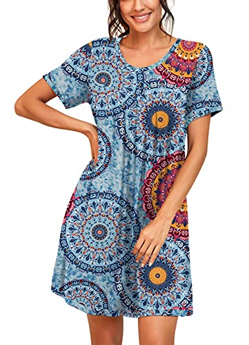 PrinStory Womens Sleepwear Short Sleeve Nightgown Soft Sleepshirt Pleated Nightshirt Scoopneck Casual Loungewear FP-Blue Star Universe-M