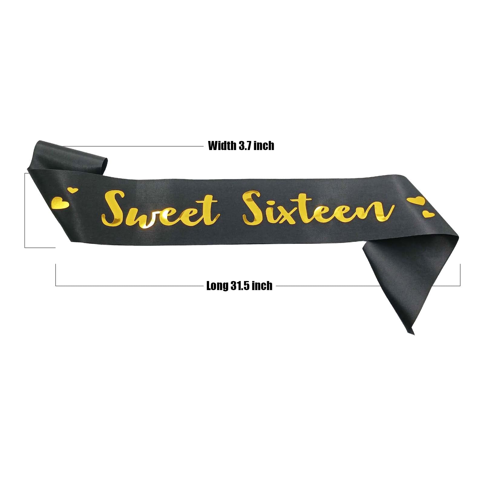 MGJSRNH 16th Birthday Sash, 'Sweet Sixteen' Sash for Girls or Boy,Gold Foil Black Satin Birthday Sash,Birthday Party Gift Decorations