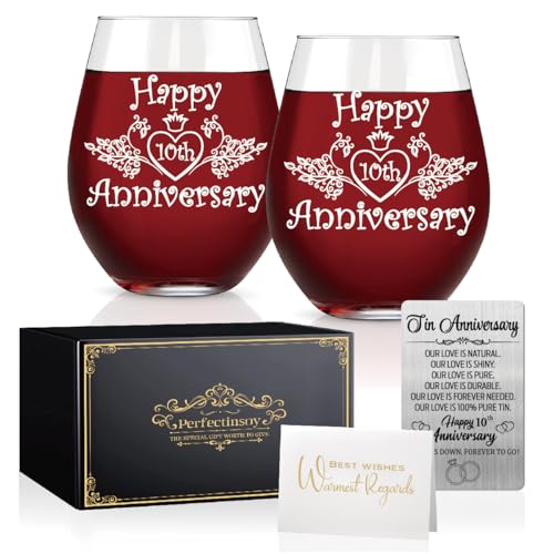 Perfectinsoy 10 Years of Being Mrs Always Right Wine Glasses Set of 2 with Metallic Memorial Card, 10th Wedding Birthday Gifts for Parents, Wife, Soulmate, Couple, Funny 10 Years Milestone Gift