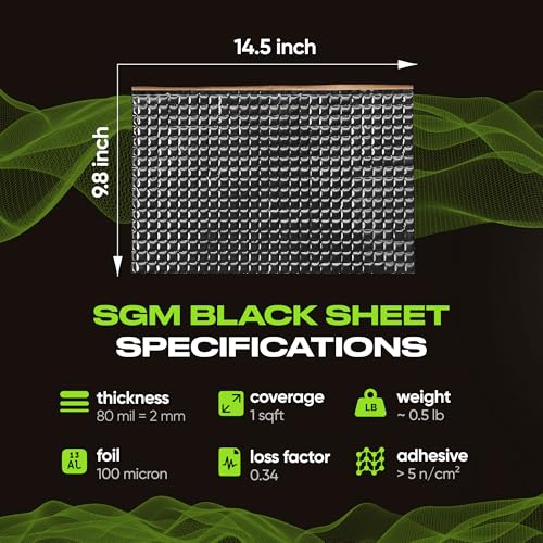 SGM Black Premium Car Sound Deadening Mat 80 mil (2mm) 10 sqft (0.92 sqm), Automotive Sound Deadener, Self Adhesive Butyl Car Sound Deadening Material, Audio Noise Insulation and Dampening Sheets