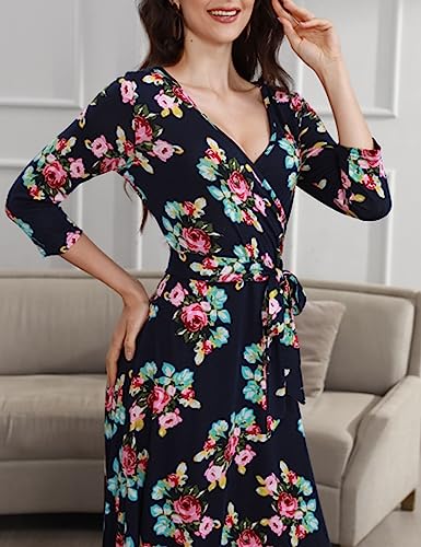 Aphratti Maxi Dresses for Women 2024 Casual Fall 3/4 Sleeve Faux Wrap V Neck Floral Flowy Long Maxi Dresses Blue Small