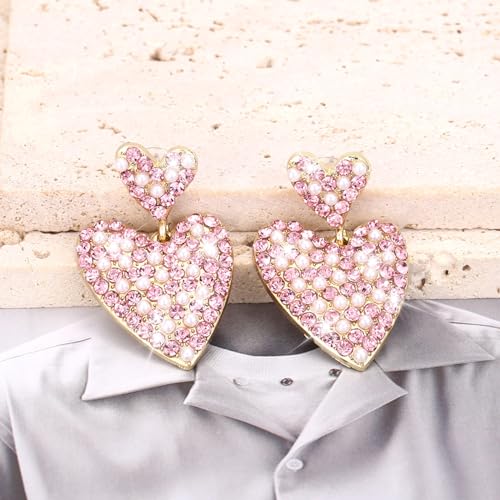 Pink Rhinestone Heart Earrings for Women Love Heart Dangle Earrings Sparkly Dangle Drop Earrings Vintage Wedding Prom Party Valentines Gifts for Her