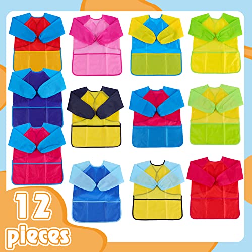 12Pcs Kids Art Smocks Toddler Smocks Waterproof Smocks for Kids Painting Colorful Children Aprons Artist Painting Smocks Long Sleeves With 3 Roomy Pockets for Kids Painting Supplies, Age 3-7 Years