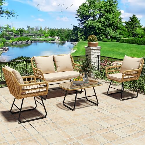 YITAHOME Patio Furniture Wicker Outdoor Bistro Set, 4-Piece All Weather Patio Furniture Rattan Conversation Loveseat Sets for Backyard, Balcony and Deck, Light Brown+Beige