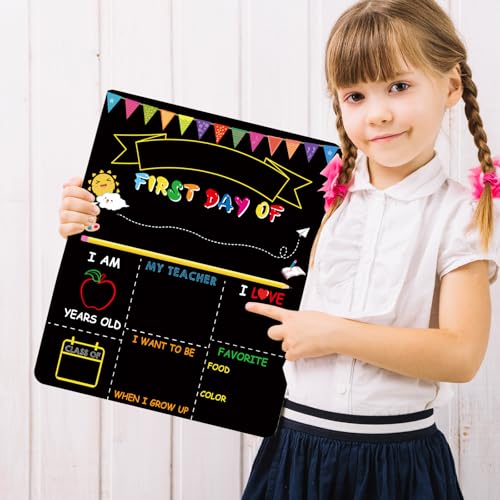 Double-Sided First Day of School and Last Day of School Chalkboard Sign, 12 x 10 inches, Wooden, Reusable, for Kids, Preschool, Kindergarten, 1st Grade (Black, 10 * 12")