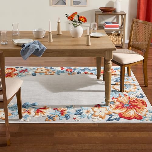 TOWN & COUNTRY EVERYDAY Hibiscus Bloom Border Modern Floral Indoor Outdoor Area Rug, UV Fade Resistant, High-Low Pile, Grey/Red/Blue, 3'11"x5'2"
