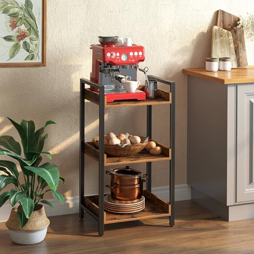 Rolanstar Bookshelf, 3-Tier Storage Rack, Narrow Corner Bookshelf, Display Wooden Shelves for Living Room, Bathroom, Balcony, Kitchen,Rustic Brown