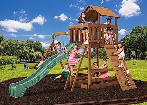 Creative Playthings Spring Hill Wooden Swing Set (Made in The USA), Includes Kids Climbing Wall, Playground Swings and Slide, 15 x 14 x 11 ft