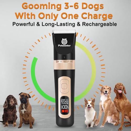 Petsaunter Dog Clippers for Grooming, 4-Speed & LCD, Low Noise Electric Dog Trimmer for Grooming, Cordless Rechargeable Dog Hair Clippers, Super Quiet for Dogs & Pets with Thick or Heavy Coats(C95)