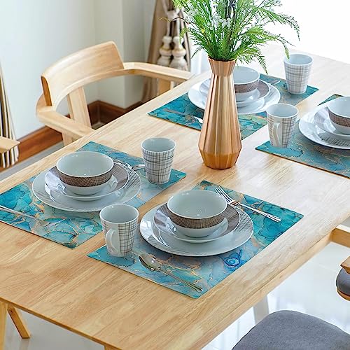 Blue Teal Turquoise Gold Placemats Set of 4,Blue Marble Dining Mat, Rectangle Linen 12 x 18in Non Slip Place Mat for Kitchen Dining Party Decoration