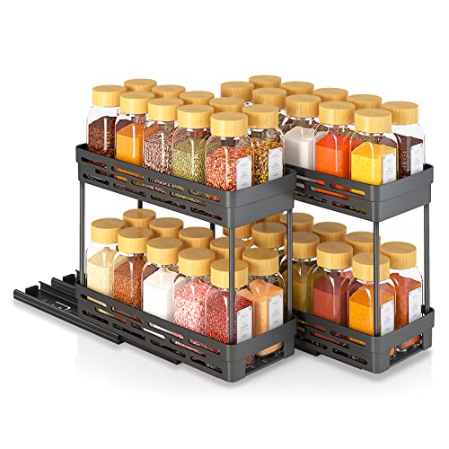 DABIGE 2 Packs Pull Out Spice Rack Organizer for Cabinet, Slide Out Spice Racks Organizer, Easy to Install Spice Cabinet Organizers, 4.33''Wx10.4''Dx8.5''H, Each Tier Hold 10 Spice Jars - 2 Tier