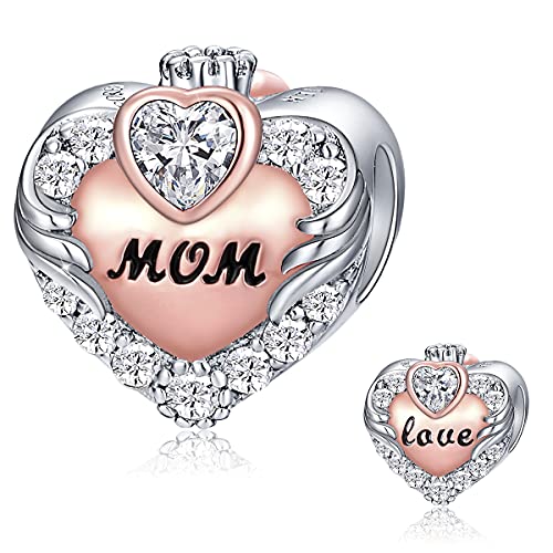 FOREVER QUEEN Love Heart Mom September Birthstone Charm for Bracelet 925 Sterling Silver Angle Wing with Crown Mother Bead Charms for Bracelet Necklace, Best Birthday Gift for her