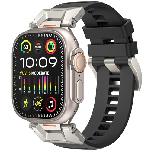Rugged Bands Compatible with Apple Watch Band for Men 49mm/45mm/42mm, Sport Replacement Strap Compatible for iWatch Ultra2/Ultra/SE2/SE/9/8/7/6/5/4/3/2/1 (49mm/45mm/42mm, Black-Titanium Adapters)