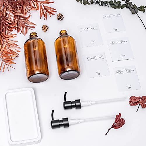 Janxin Glass Soap Dispenser for Kitchen with Stainless Steel Pump and Wood Tray, Modern Bathroom Soap Dispenser with Waterproof Labels for Hand Soap, Dish Soap, Lotion (Amber Bottles+Black Pumps)