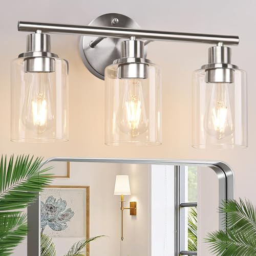 3-Light Bathroom Light Fixtures, Black and Gold Bathroom Wall Lights, Modern Bathroom Vanity Light with Clear Glass Shade, Bathroom Wall Lamp for Mirror Kitchen Bedroom Hallway Cabinet