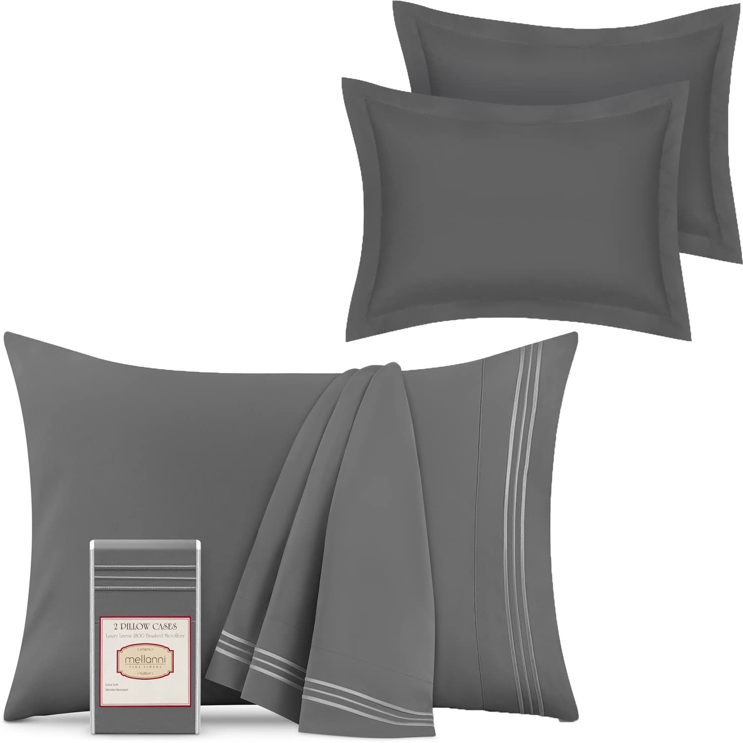 Mellanni 2 Pillow Cases + 2 Pillow Shams Bundle&Save - Hotel Luxury Bedding - Bundle Includes: 2 King Size Pillow Cases and Pillow Shams Set of 2 King Size (King, Gray)