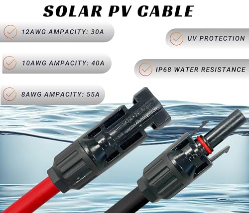 WindyNation 8 AWG 8 Gauge Pair 10 Feet Black + 10 Feet Red PV Photovoltaic Solar Panel Extension Cable Wire Solar Connector (Variety of Lengths Available)