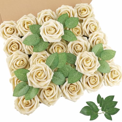 AmyHomie Artificial Flower Ivory Rose 25pcs Real Looking Fake Roses w/Stem for DIY Wedding Bouquets Centerpieces Arrangements Party Baby Shower Home Decorations