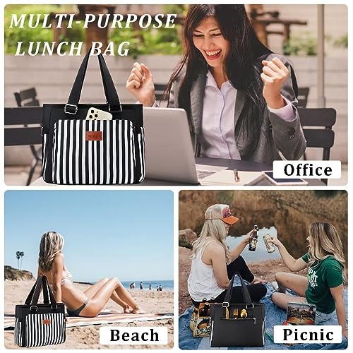 Large Women Lunch Bags/Insulated Adult Lunch Box/Leakproof Cooler Lunch Tote Bag with Storage Pocket. Reusable Lunch Purse for Work Picnic Hiking 12L, Stripe