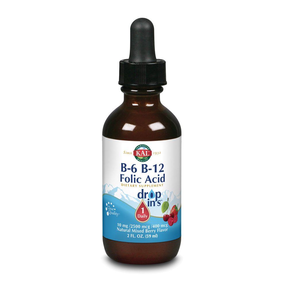 KAL Vitamin B-6 B-12 Folic Acid DropIns, Liquid Vitamin B Supplement Drops, Heart Health, Energy, Red Blood Cell Support with Methyl B12 and Methyl Folate, Natural Mixed Berry Flavor, 59 Servings, 2oz