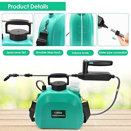 Battery Powered Sprayer 1.35Gallon, Upgrade Electric Garden Sprayer with 3 Mist Nozzles, USB Rechargeable Handle and Retractable Wand with Adjustable Shoulder Strap for Lawn,Garden,Cleaning
